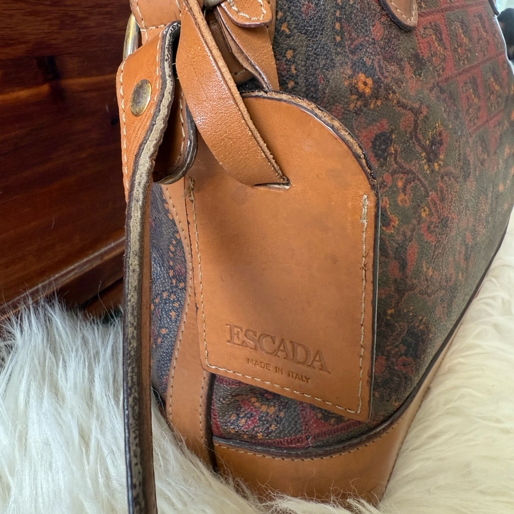 Vintage Escada Handbag Paisley Leather Canvas Purse Brown Red Green Patina - Picture 5 of 8